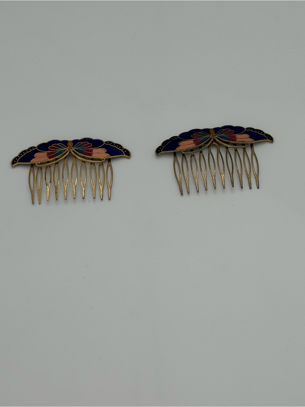Pair Of Vintage Cloisonne Enamel Butterfly Hair Combs Gold Tone Purple Pink